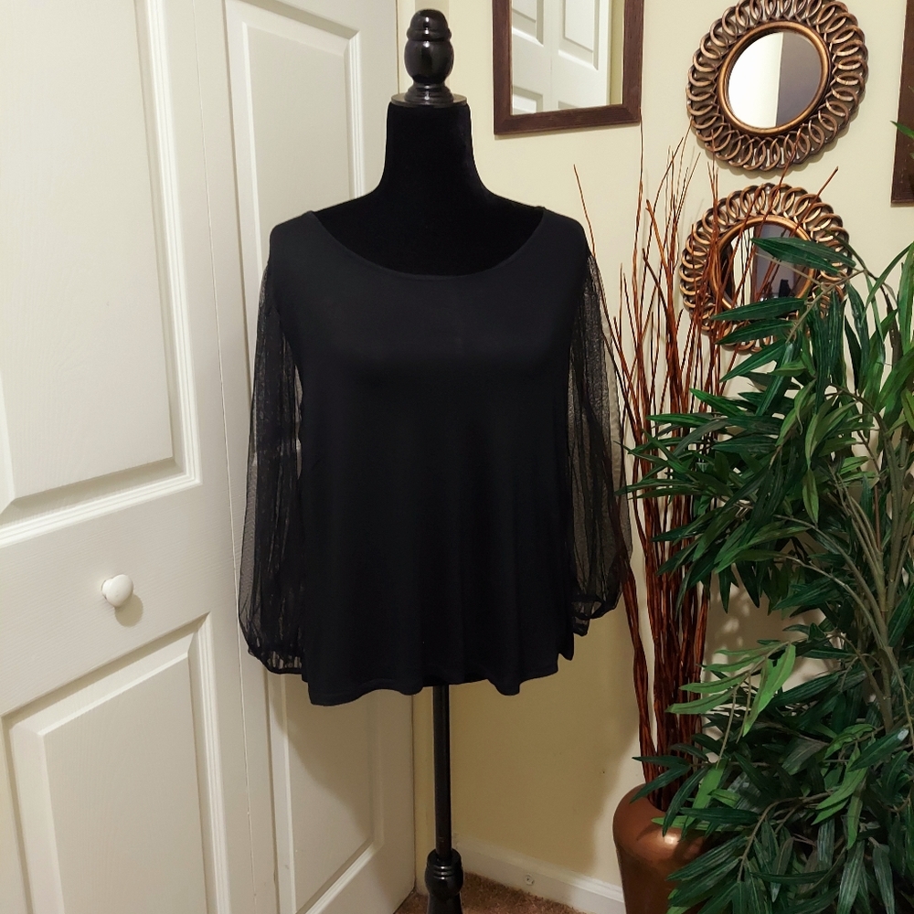 Black Knit Top Sheer Balloon Sleeves